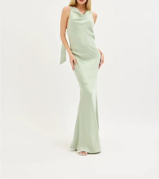 Best Dressed Cowl Neck Backless Satin Maxi Dress - Sage