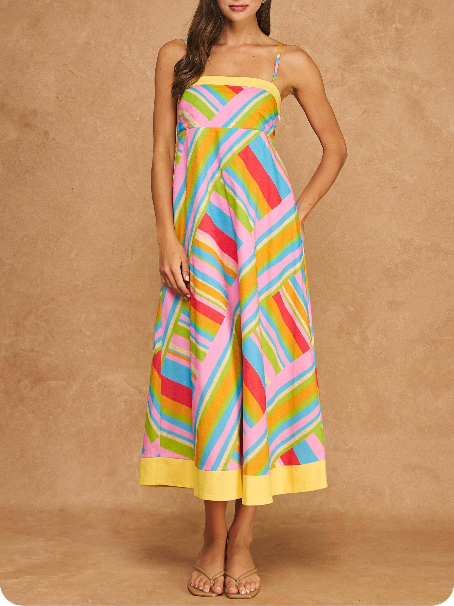 Pinky Promise Vibrant Geometric Stripe Contrast Midi Dress - Sand Multi