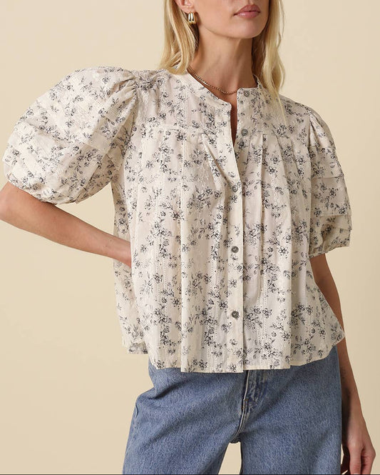 Alani Floral Puff Sleeve Top - Off White/Black