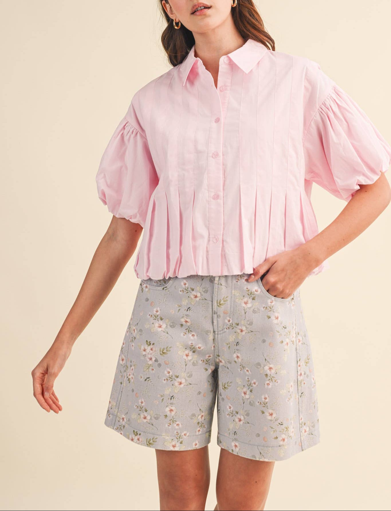 Love Note Pleated Bubble Hem Button Down Wop - Pink