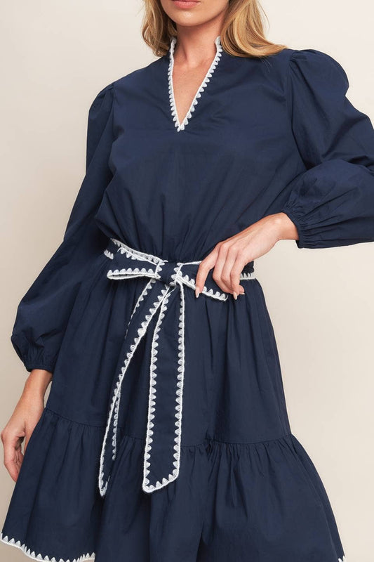In A Hurry Tie Waist V-Neck Dress - Navy