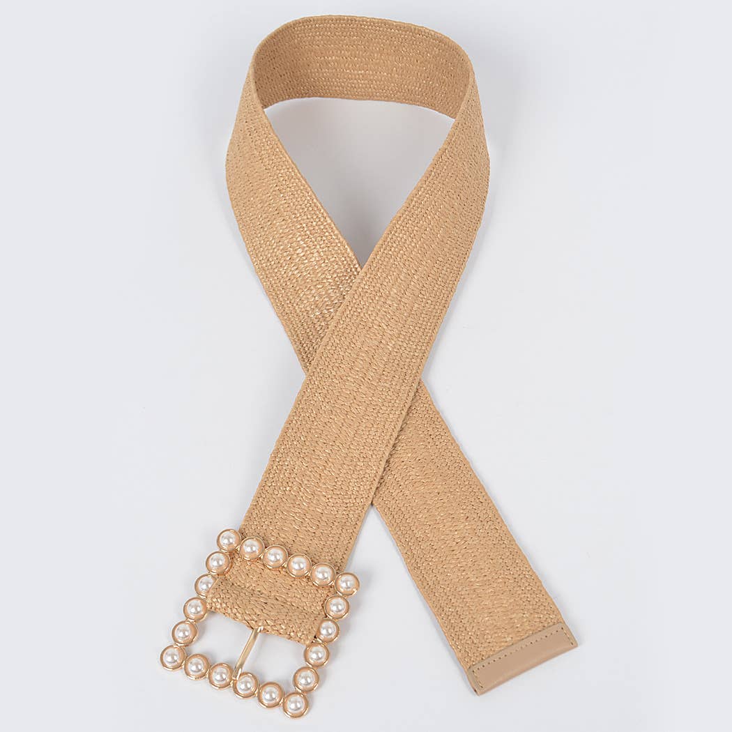 Pearl Buckle Elastic Belt - Khaki