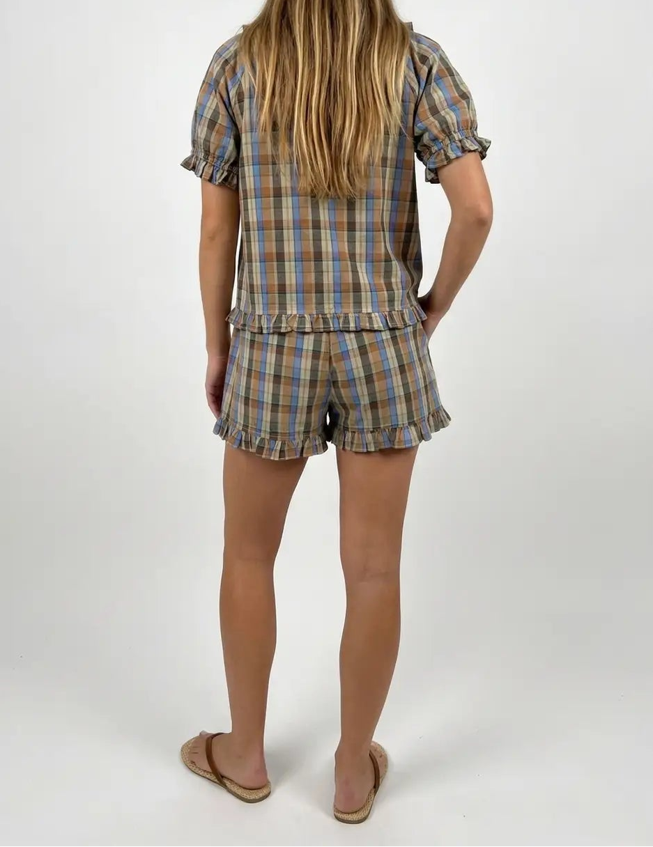 Be True Plaid Peasant Blouse - Mocha/Blue