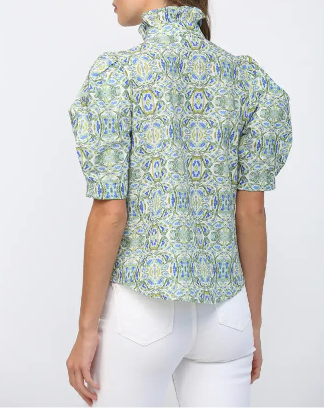 Home Grown Puff Short Sleeve Ruffle Neck Button Down Top - Green Multi