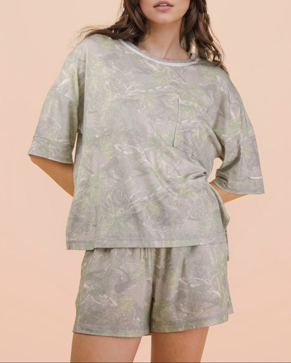 Good Energy Camo Print Casual 2-Piece Set - Olive Mix