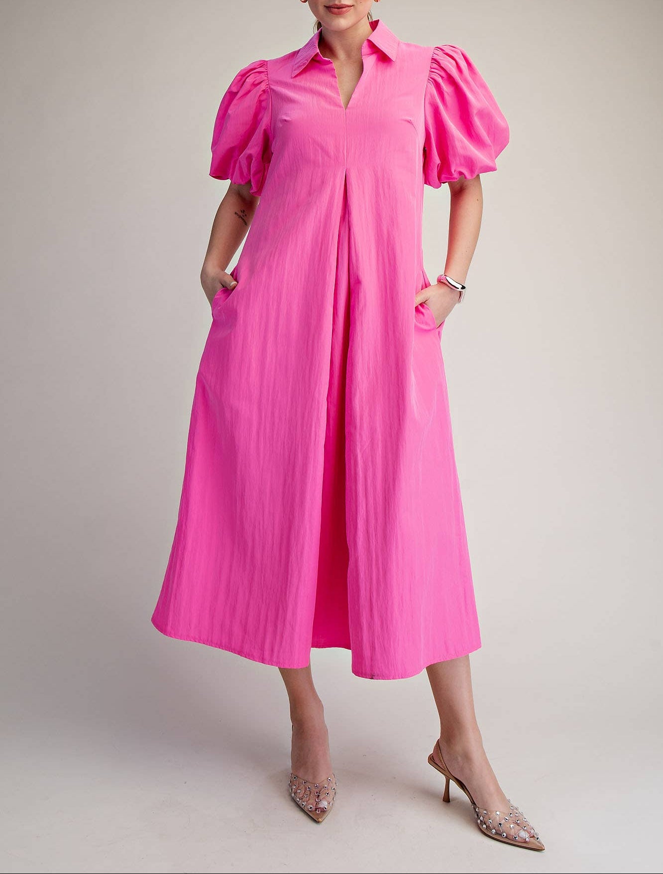 Amazing Race Collar V-Neck Pleated Midi Dress - Hot Pink