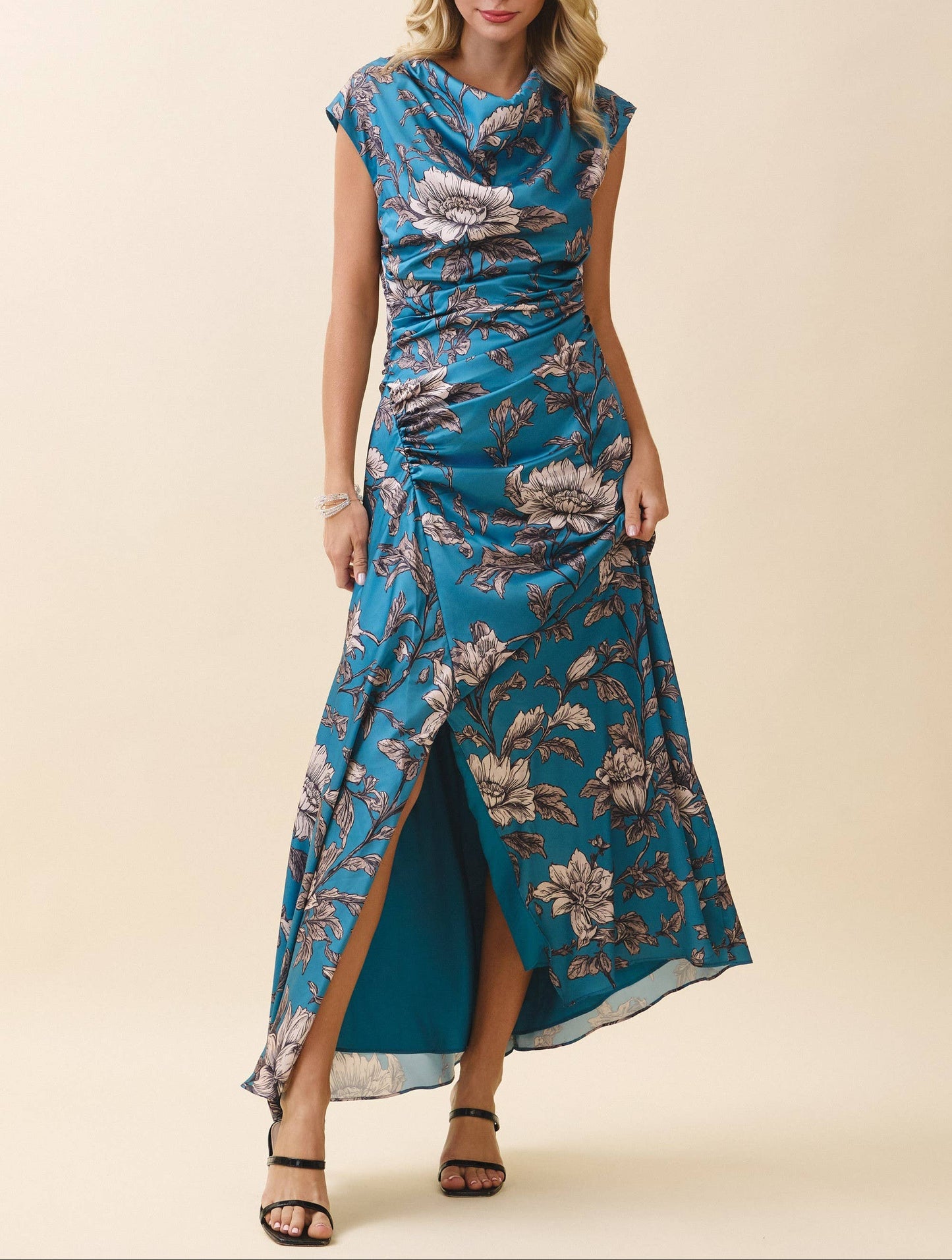 Classy Lady Satin Draped Cowl Neck Ruched Dress - Blue