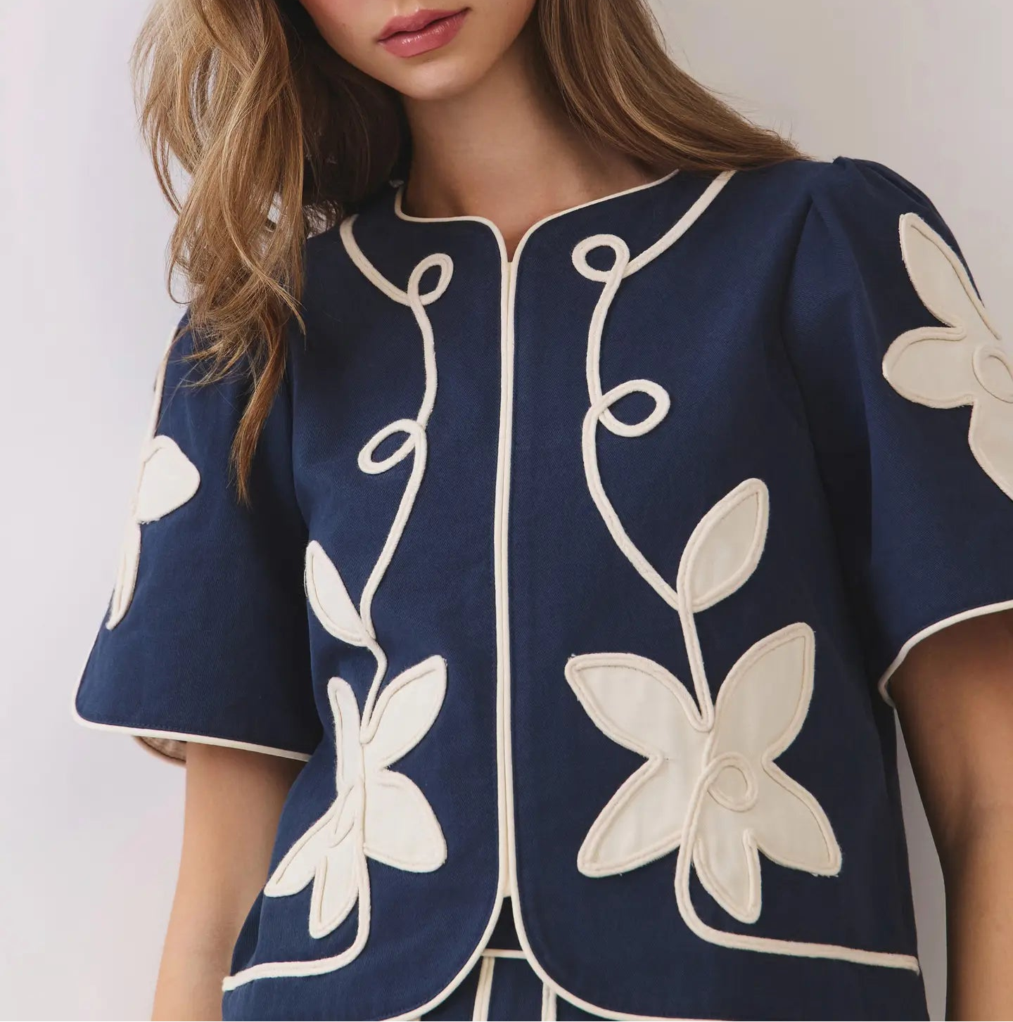 One More Floral Applique Short Puff Sleeve Structured Top - Navy