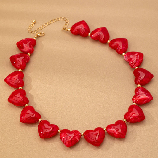 Large Heart Shape Beaded Necklace - Red
