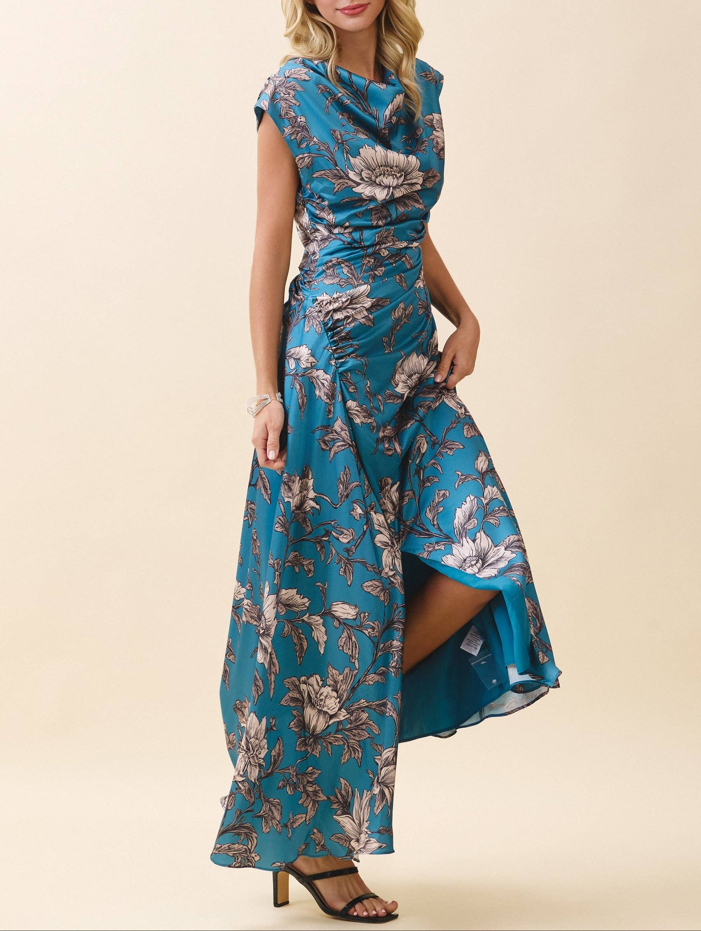 Classy Lady Satin Draped Cowl Neck Ruched Dress - Blue