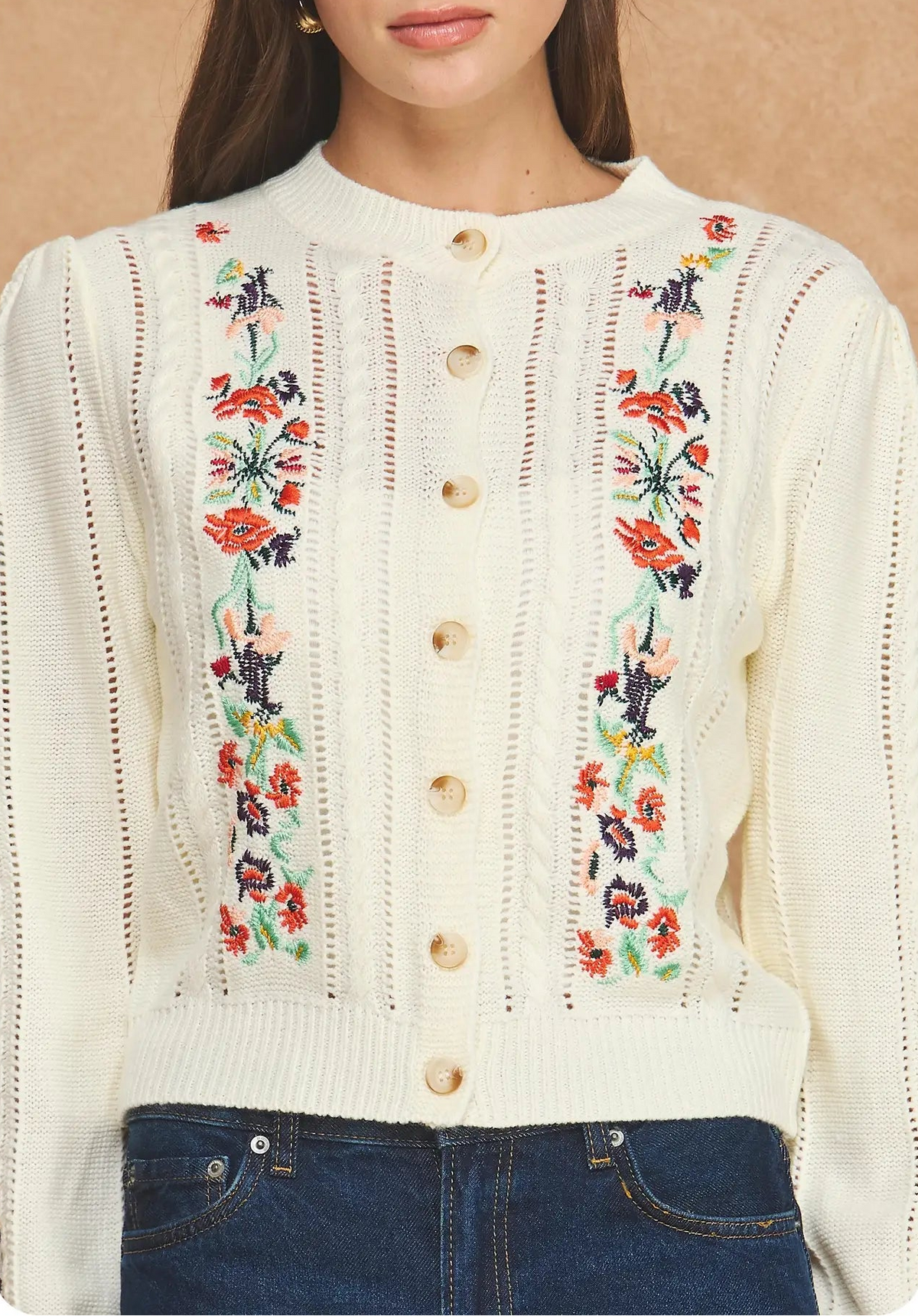 Sweet Idea Floral Embroidered Pointelle Cable Knit Cardigan - Ivory Multi