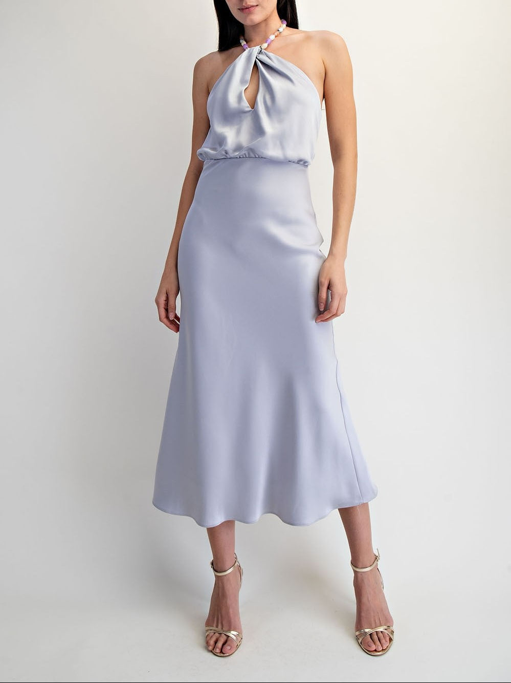 Lady Luck Beads Halterneck Satin Midi Dress - Silver