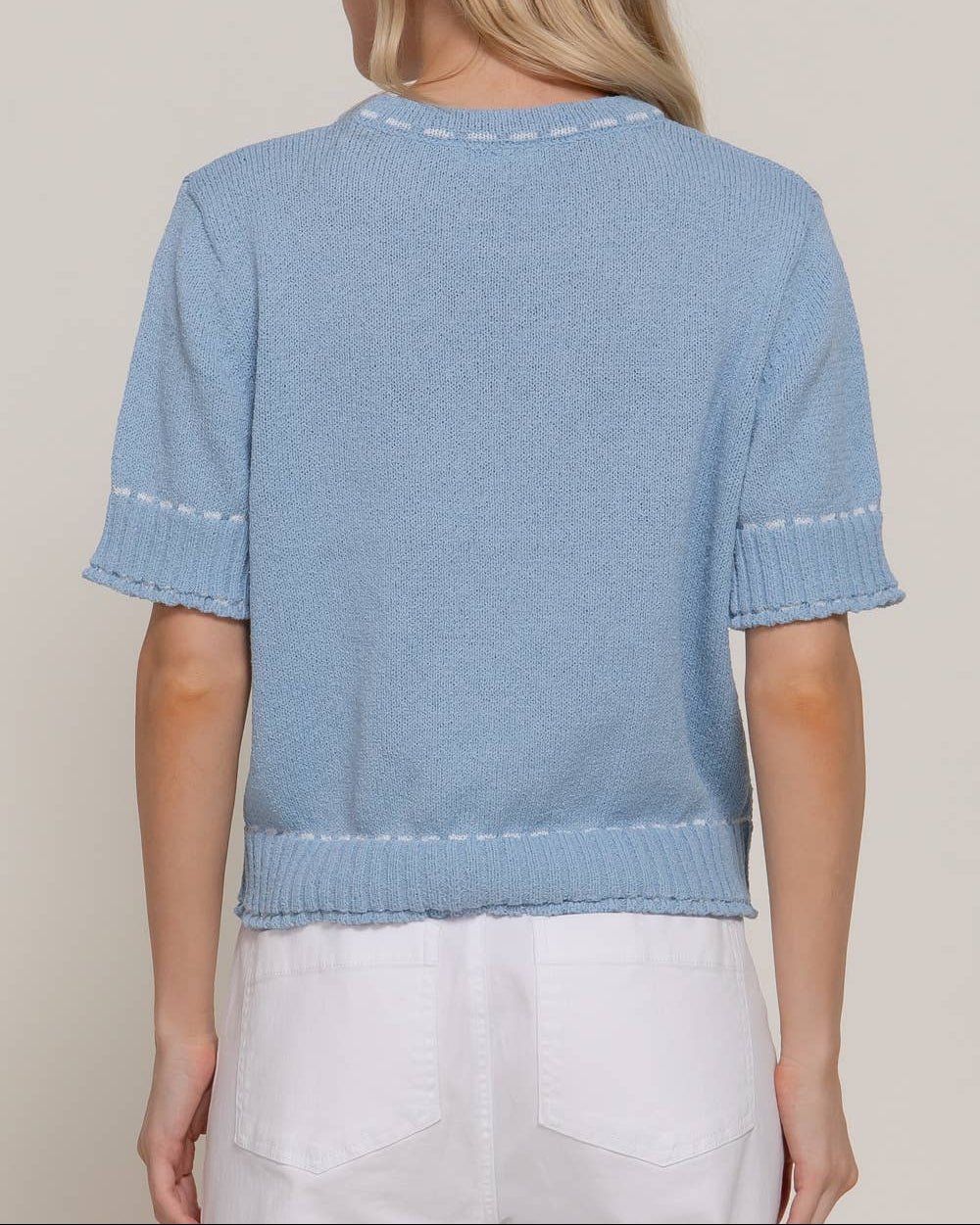 Unwind Short Sleeve Round Neck Sweater - Blue/White