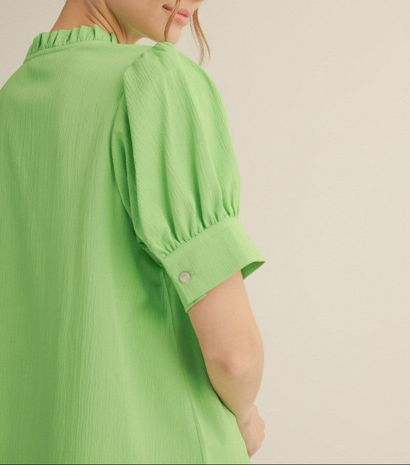 World Traveler Puff Shoulder Ruffled Neckline Crinkle Solid Top - Apple Green
