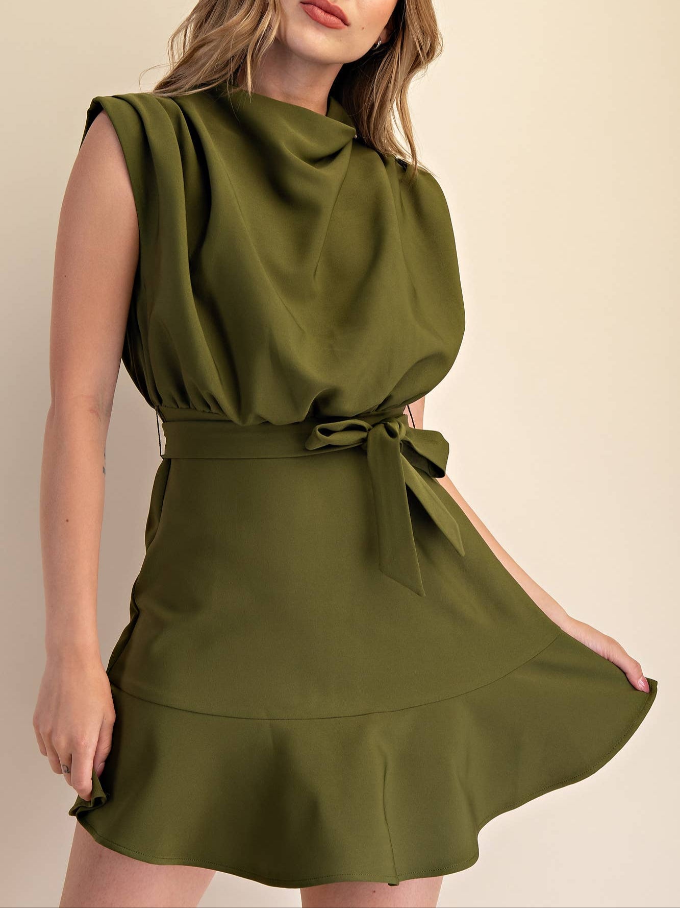 Cowl Neck Sleeveless Mini Dress - Olive