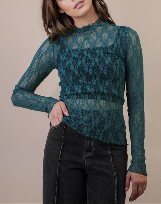 High Neck Fitted Sheer Lace Layering Top - Forest