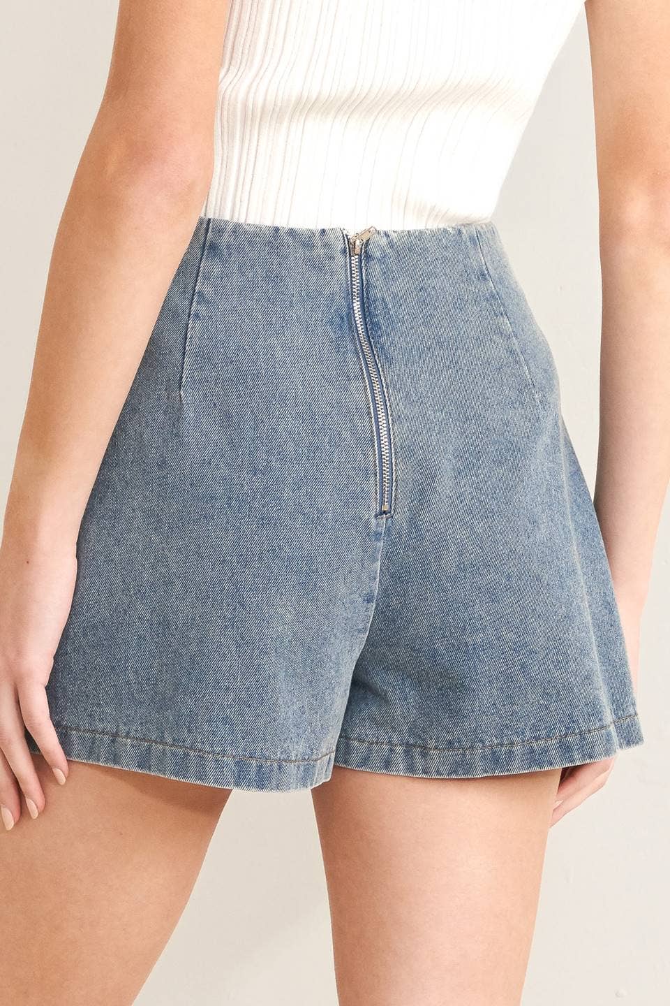 Front Stage Washed Denim Button Detail Skort - Light Indigo