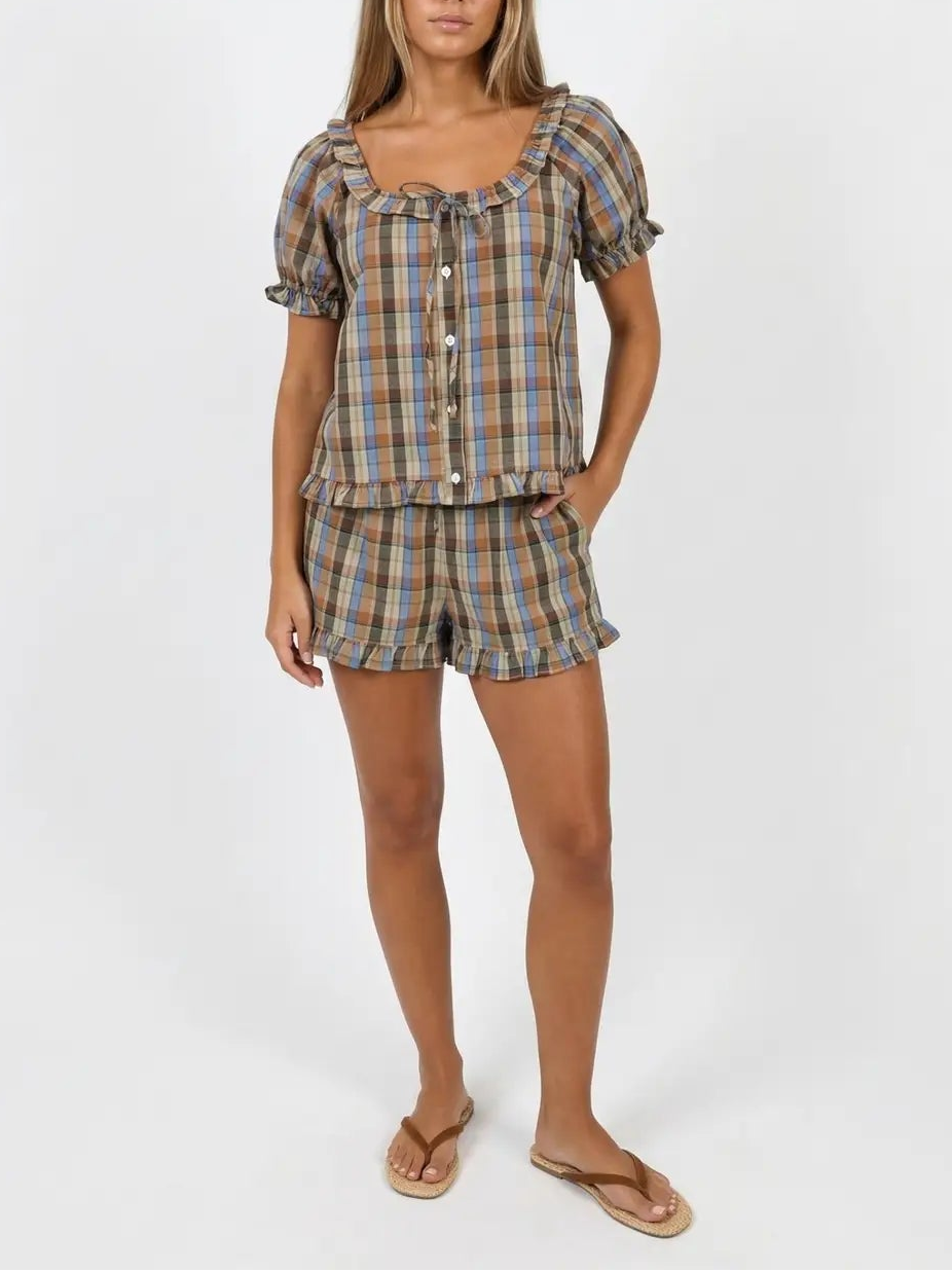 Be True Plaid Peasant Blouse - Mocha/Blue