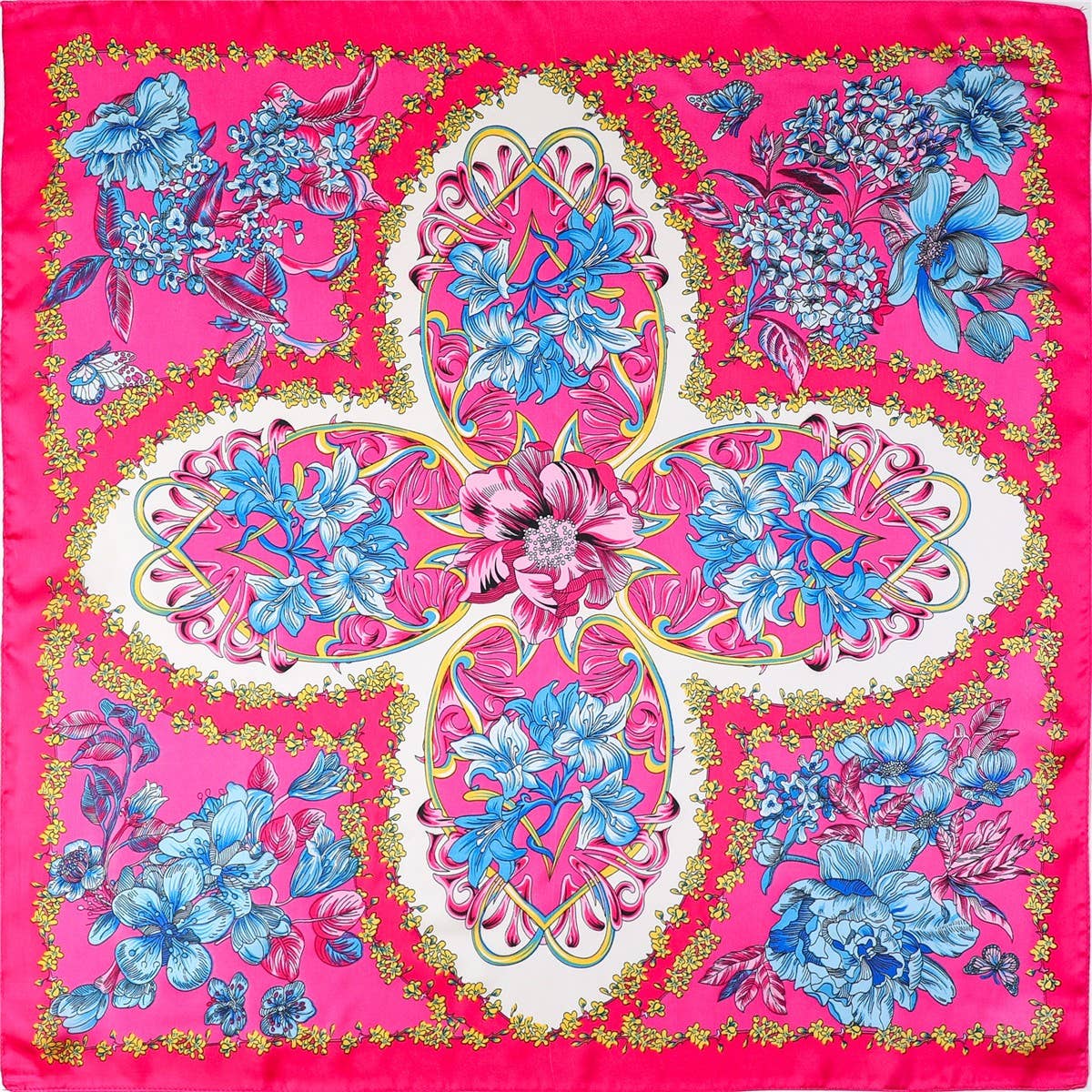 Vibrant Pink Floral Silk-Feel Scarf - Fuchsia