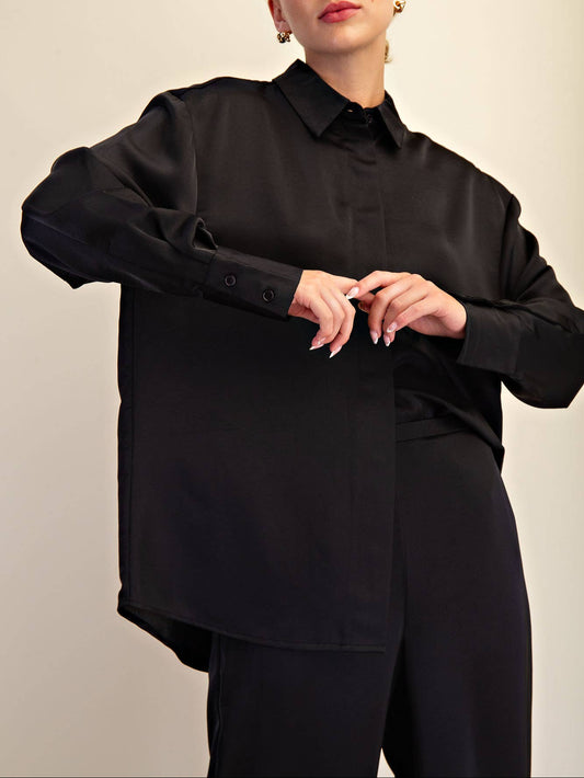 Meeting Adjourned Lapel Collar Satin Shirt - Black