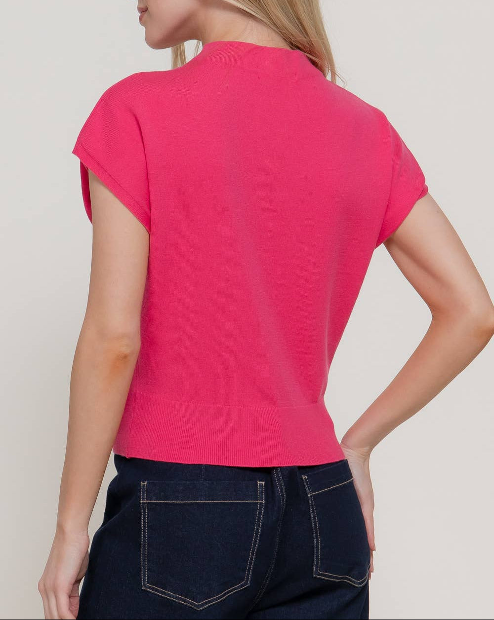 The Essential Cap Sleeve Mock Neck Sweater Top - Fuchsia