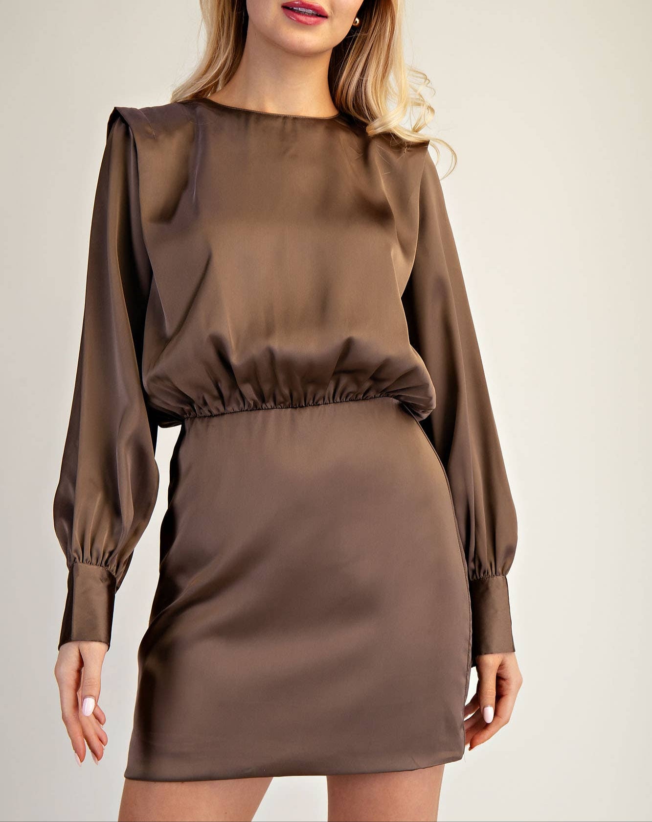 Round Neck Shoulder Pad Mini Dress - Mocha