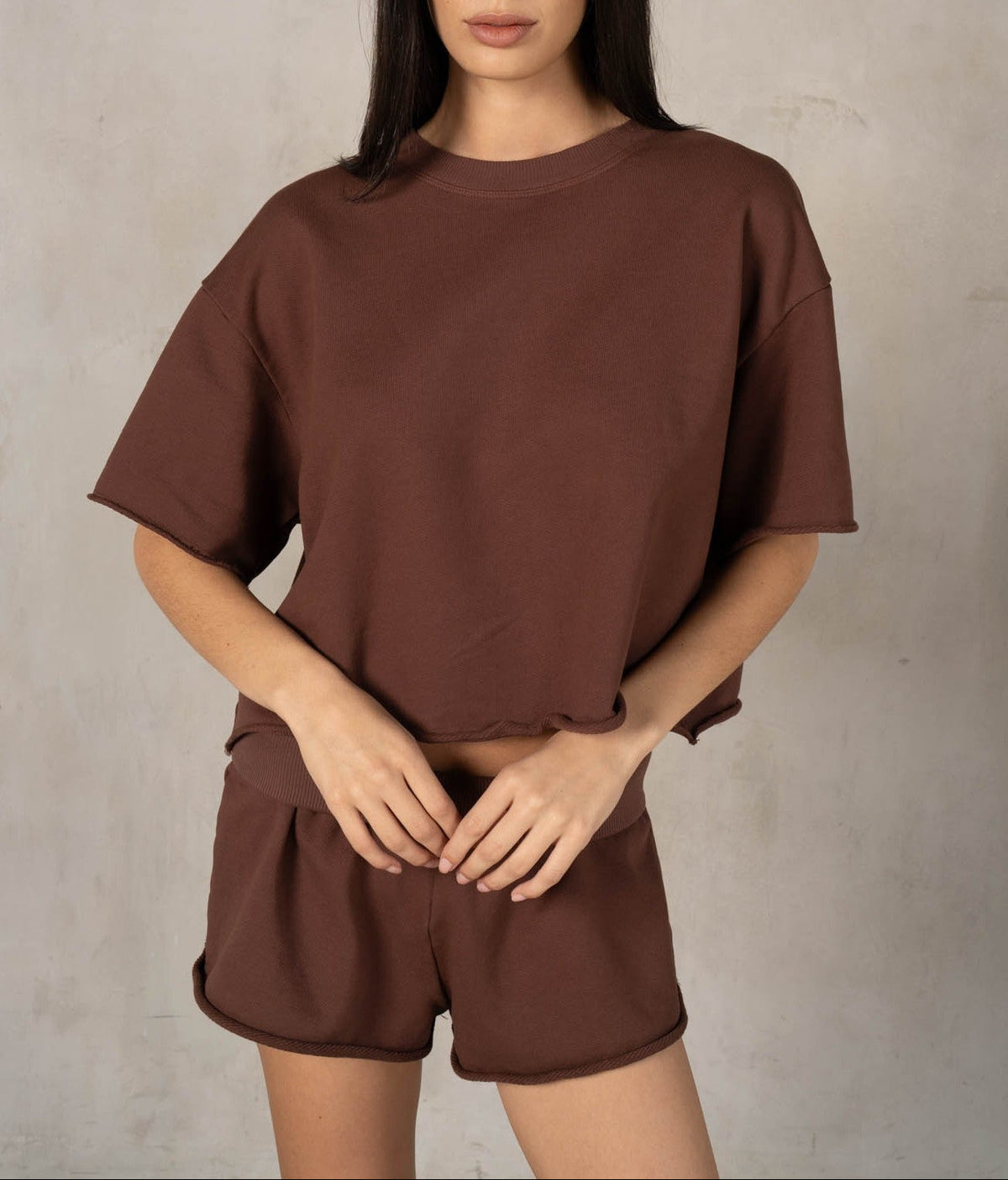 Wake Up Terry Raw Edge Short Sleeve Top - Coffee