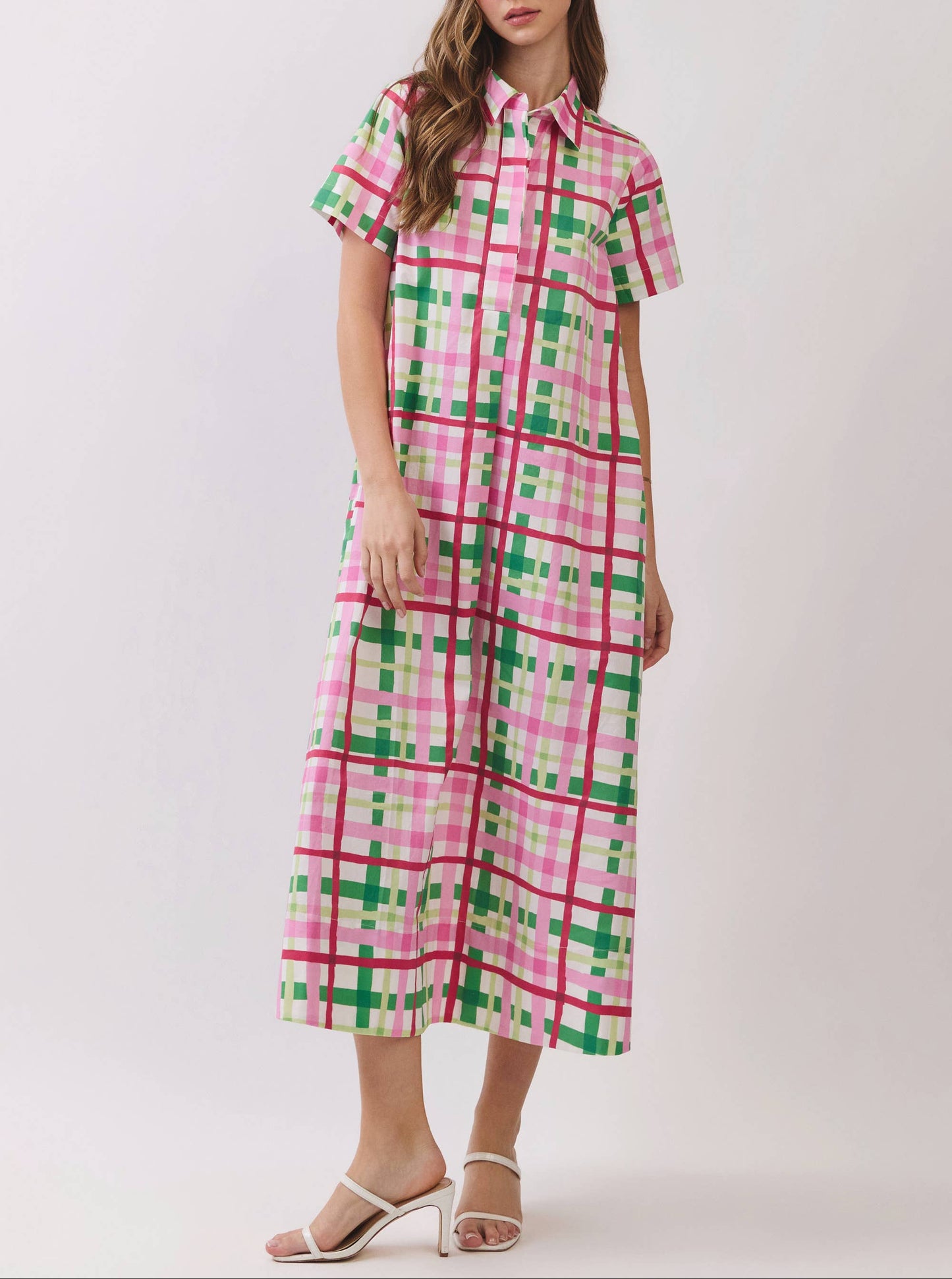 Bring It Home Plaid Button Down Midi Dress - Pink