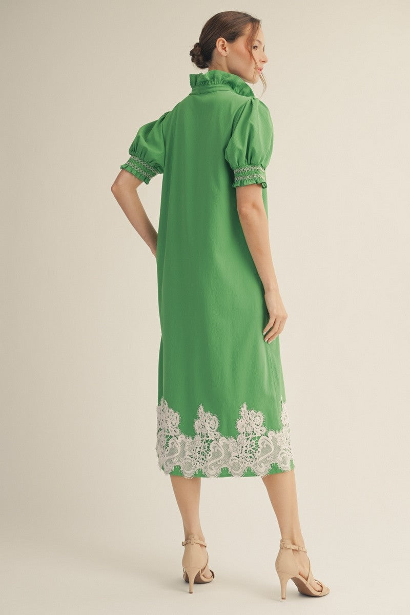 New Horizons Applique Lace Trim Hem Detail Midi Dress - Kelly Green