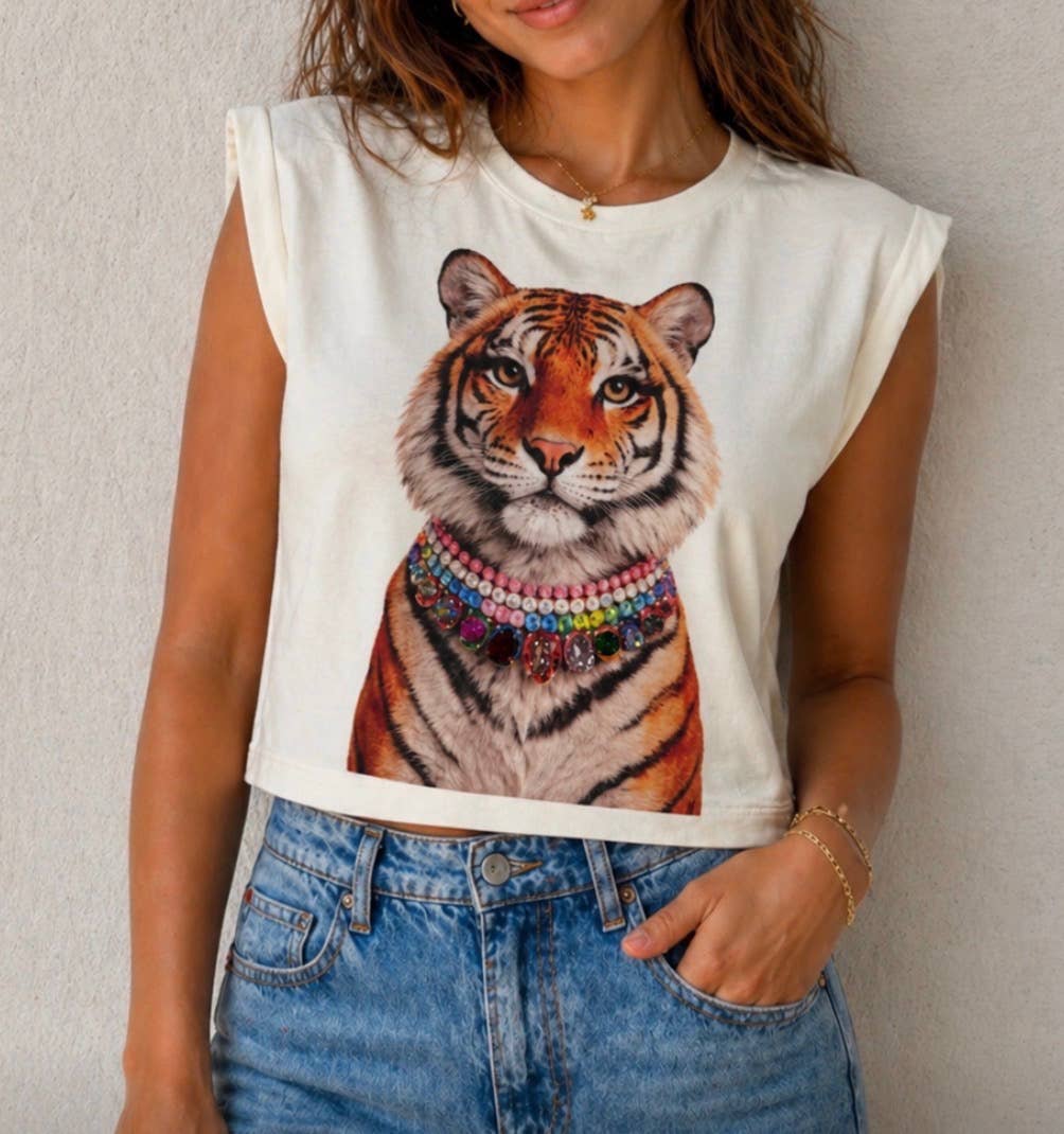 Jeweled Collar Tiger Muscle Tank - Cream