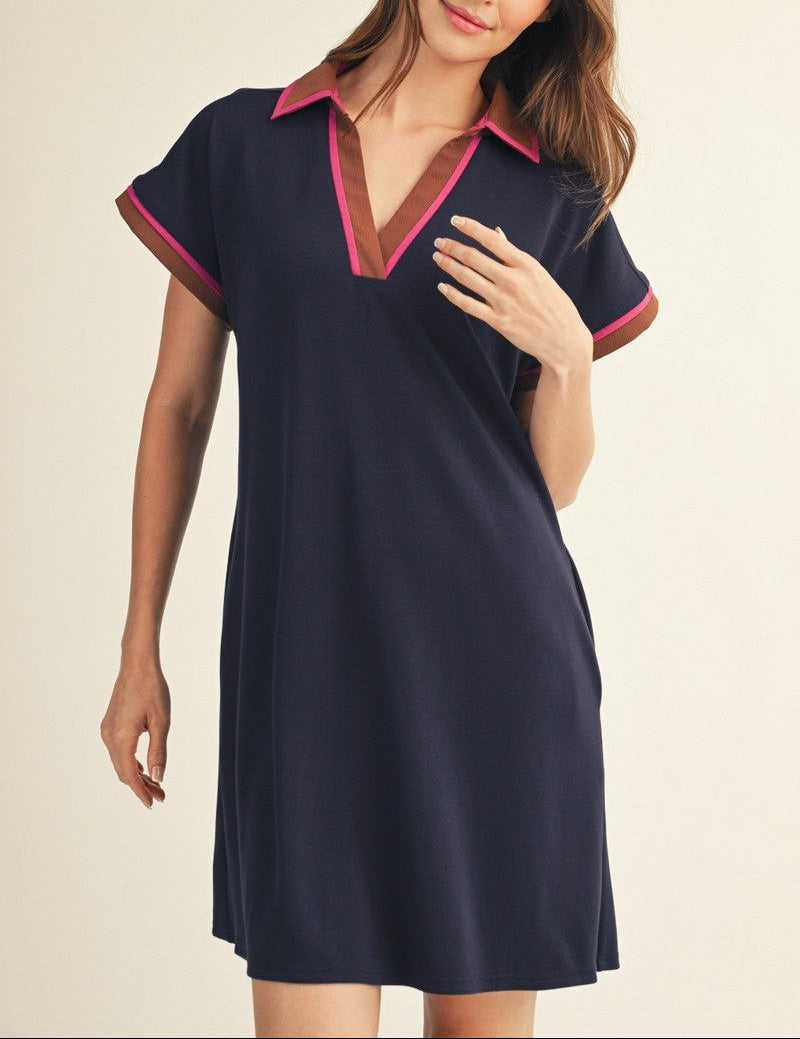 Long Ride Contrast Trim Dress - Navy Mix