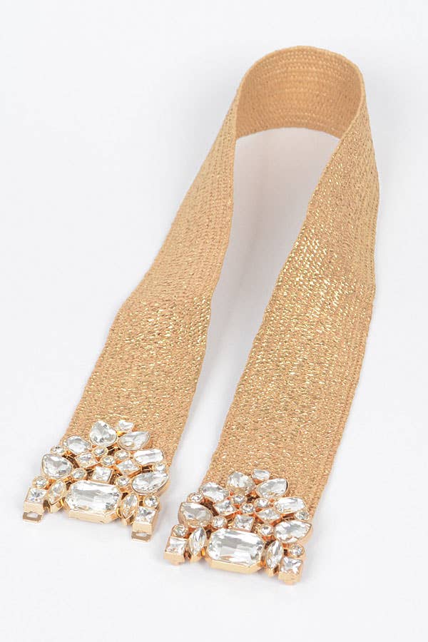 Multi Stone Metallic Straw Stretch Belt - Gold