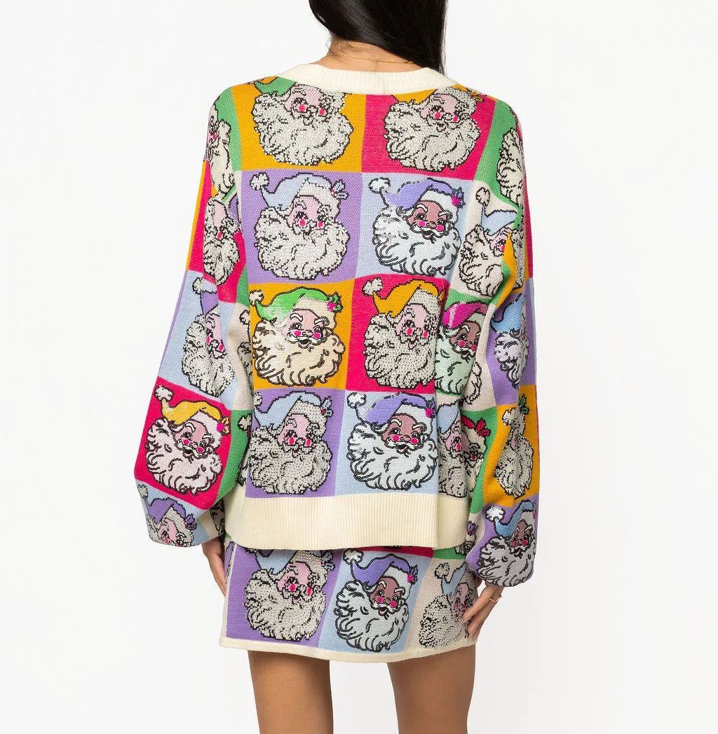 Queen of Sparkles Pastel Colorblock Santa Button Up Cardigan