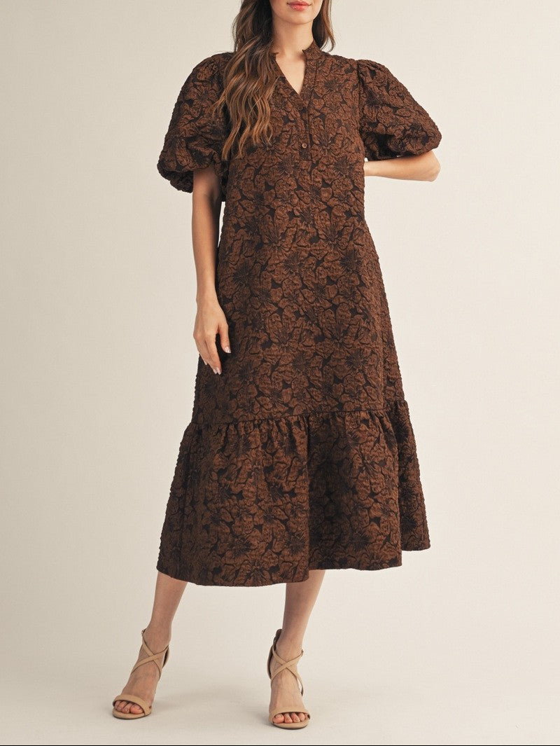 Clean Slate Puff Sleeves Jacquard Midi Dress - Brown