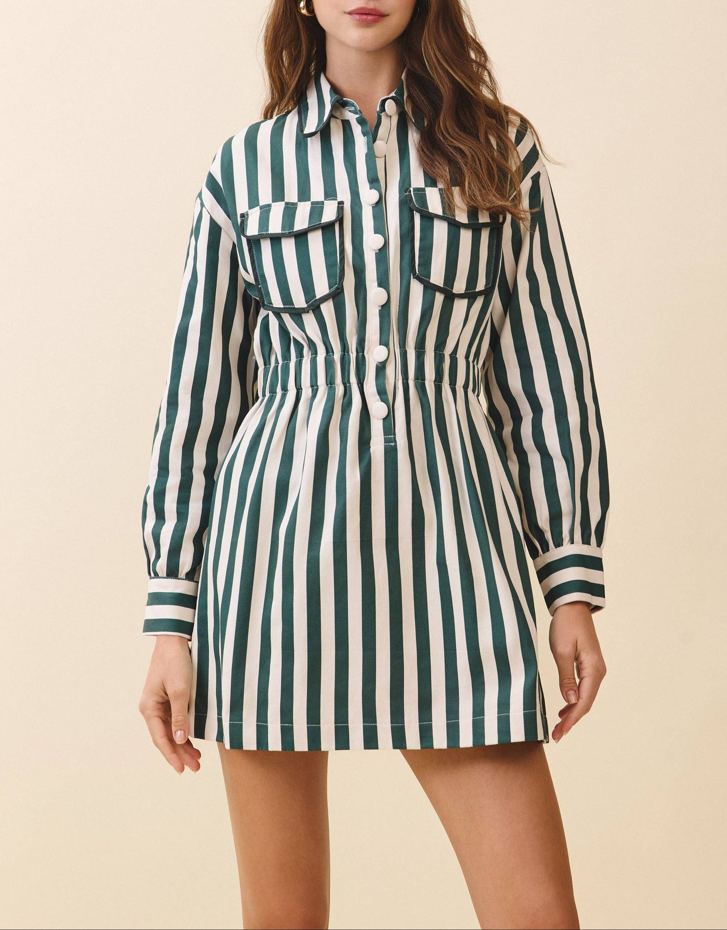 True Tailor Vertical Striped Elastic Waist Shirt Dress - Hunter Green