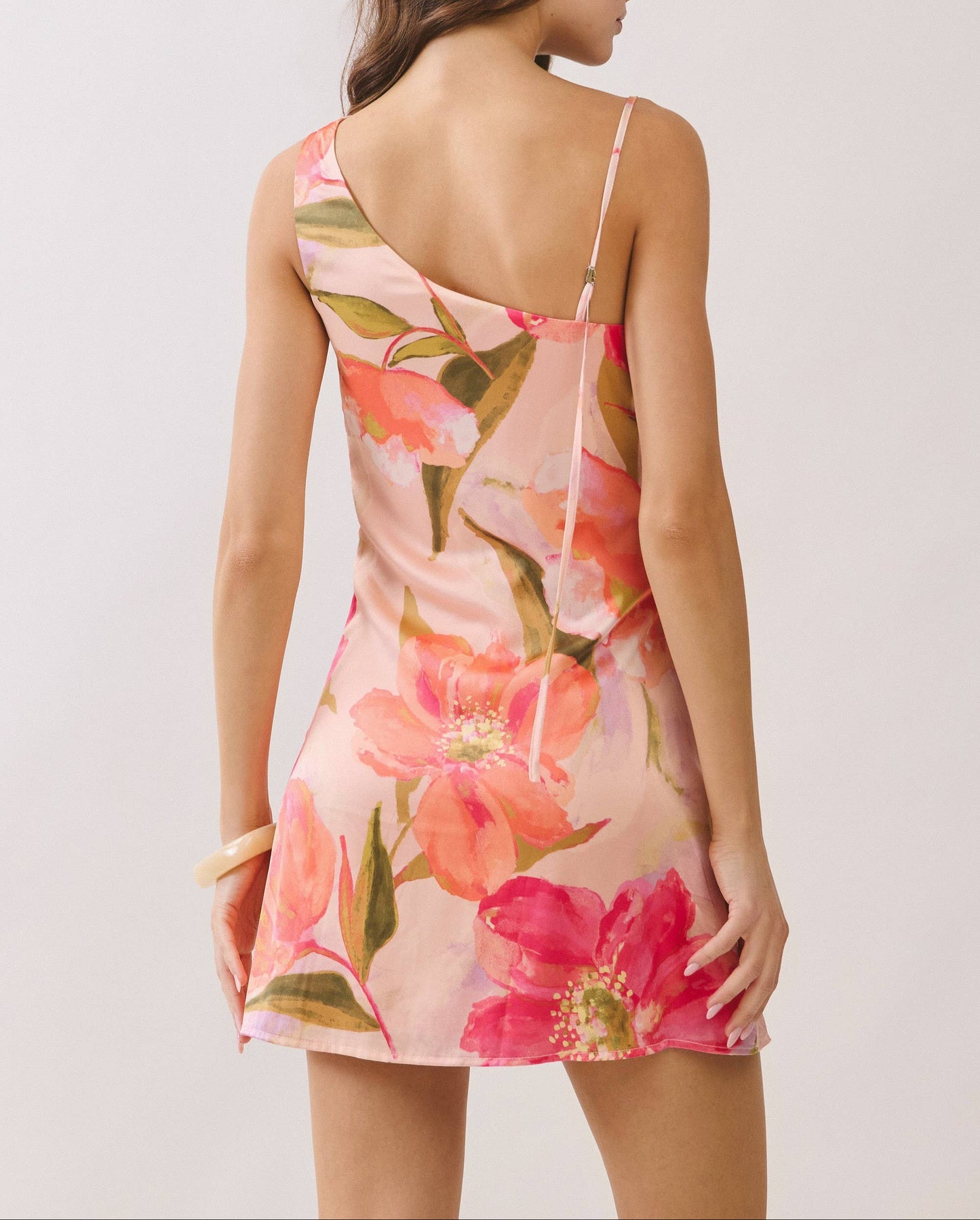 Spring Days Floral Asymmetrical Shoulder Mini Dress - Pink