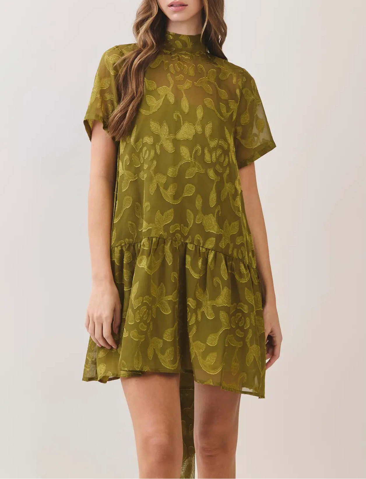 Story Time Floral Jacquard Tie-Neck Mini Dress - Olive