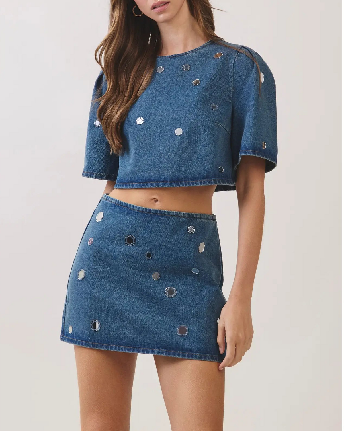 Truth Teller Mirror Embellished Denim Mini Skirt - Denim