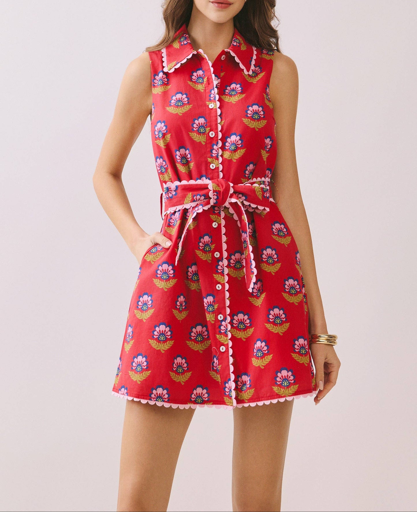 Wild Flower Contrast Scalloped Trim Detail Dress - Berry