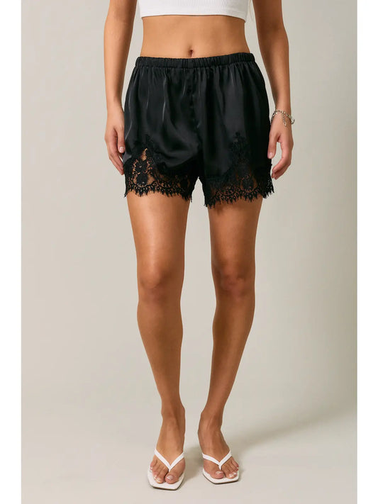 Write It Down Elastic Waist Mid Rise Lace Trim Shorts - Black