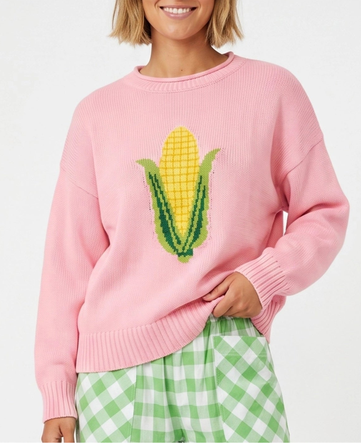 Corn Motif Pullover Sweater – Rose