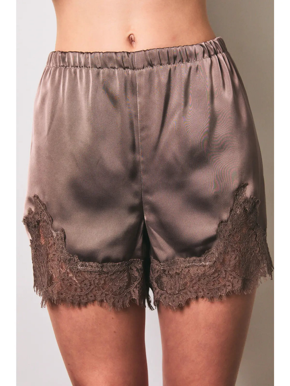 Write It Down Elastic Waist Mid Rise Lace Trim Shorts - Mocha