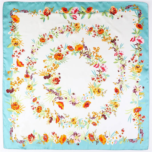 Spring Meadow Floral Silk-Feel Scarf - Blue