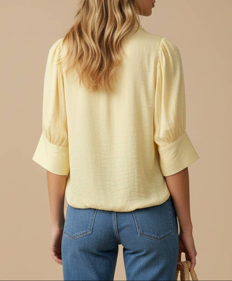 Don't Slip Half Sleeve Hi-lo Bubble Hem Blouse - Pale Banana