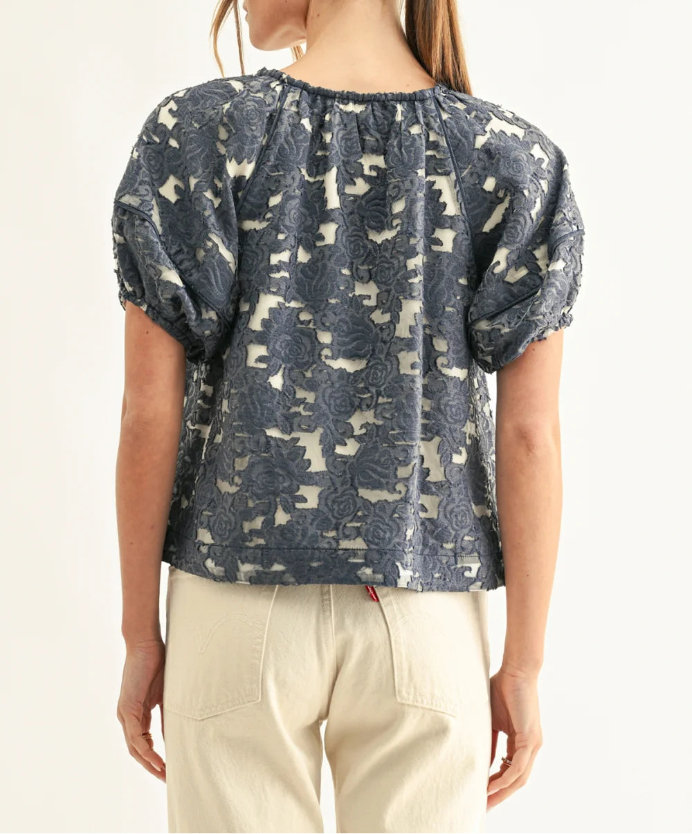 Briana Jacquard Chambray Lantern Sleeves Blouse - Denim Blue