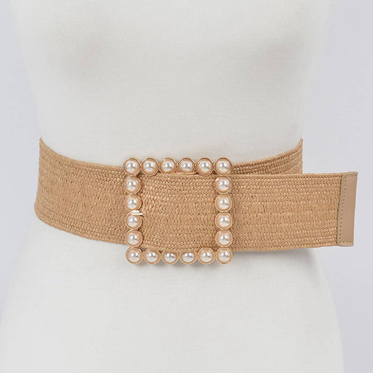 Pearl Buckle Elastic Belt - Khaki