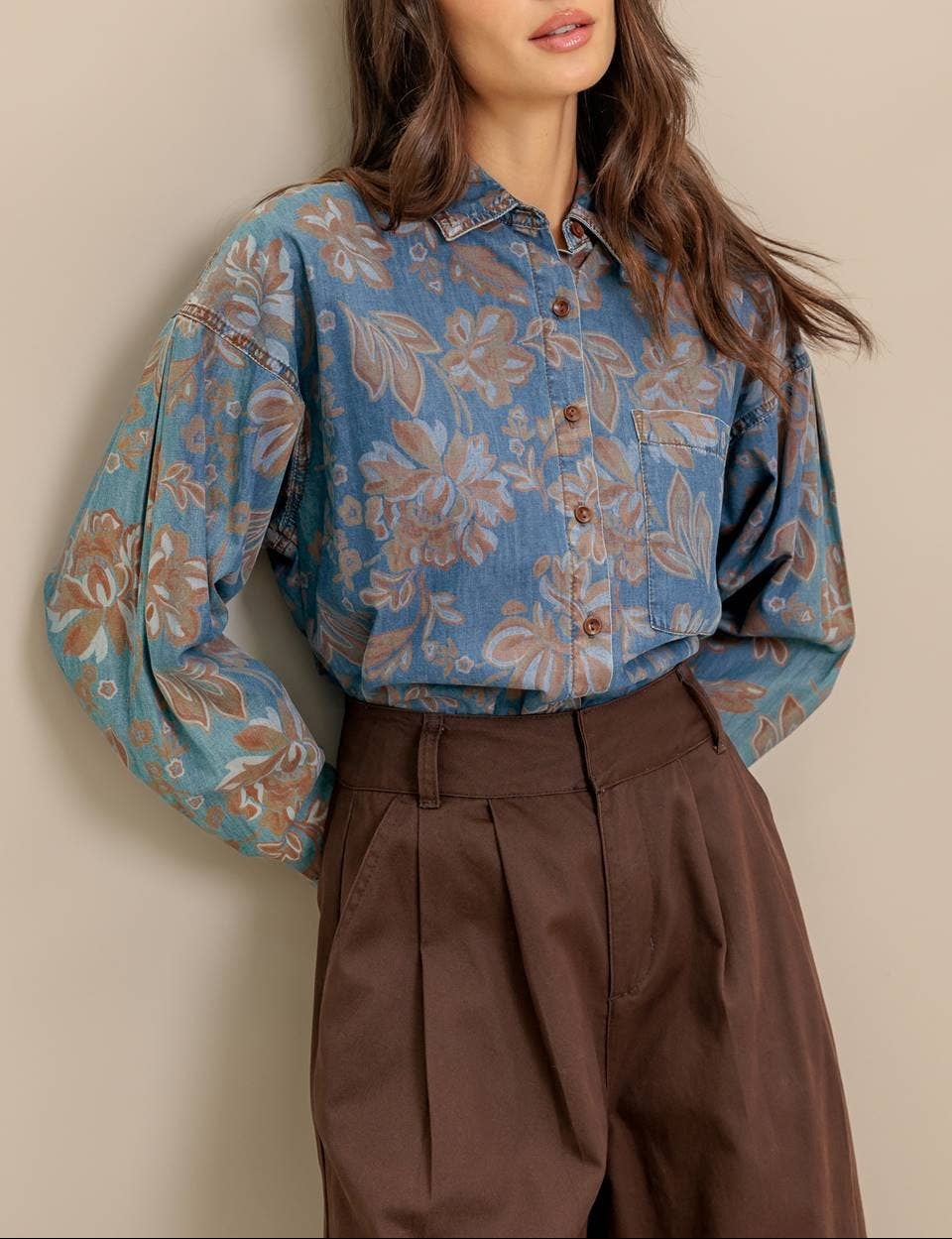 Slow Mornings Washed Printed Denim Top - Chambray