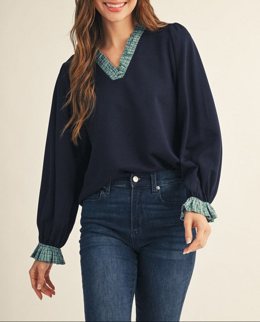 Big Deal Plaid Contrast Ruffle Detail Solid Top - Navy