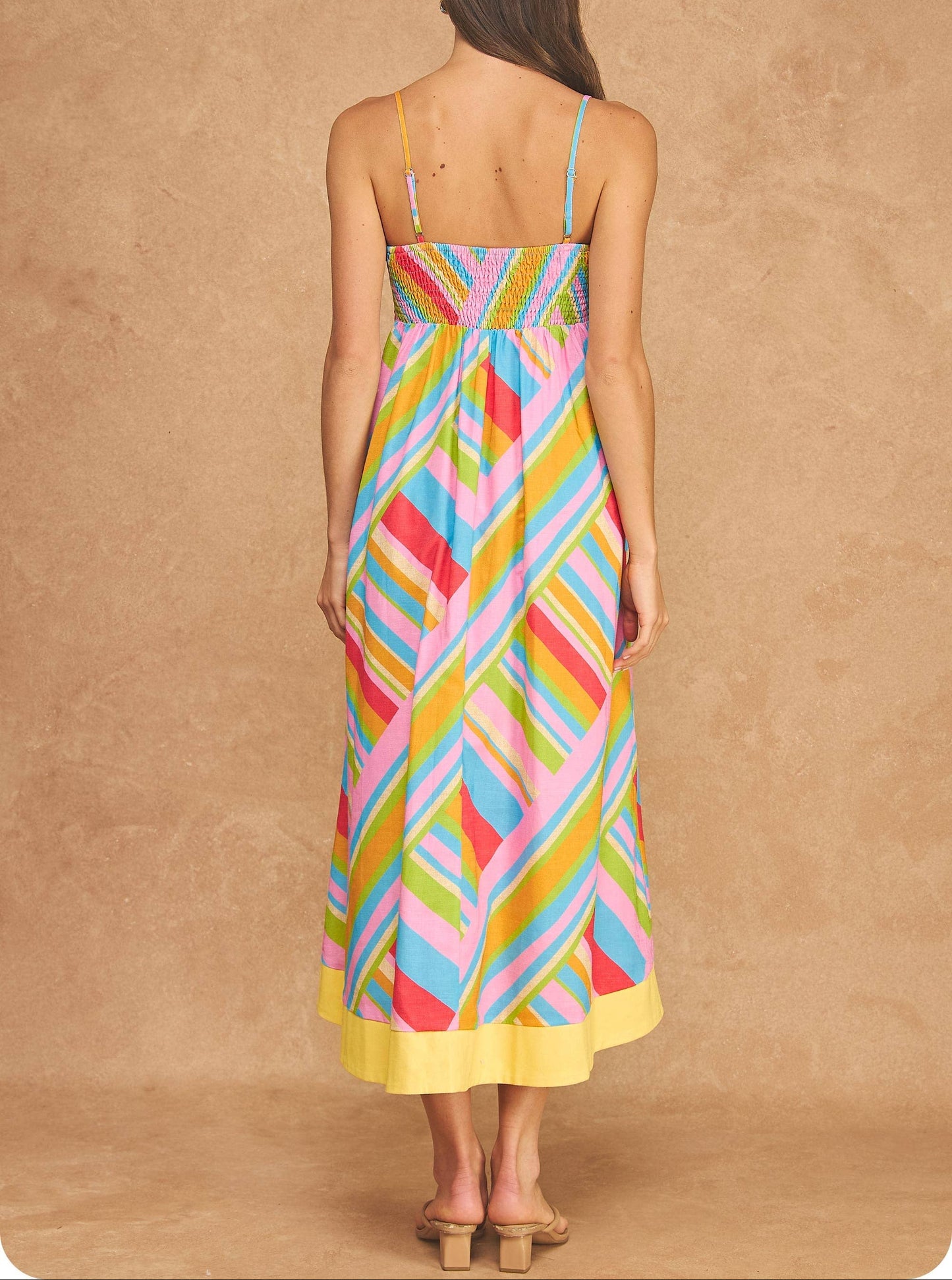 Pinky Promise Vibrant Geometric Stripe Contrast Midi Dress - Sand Multi