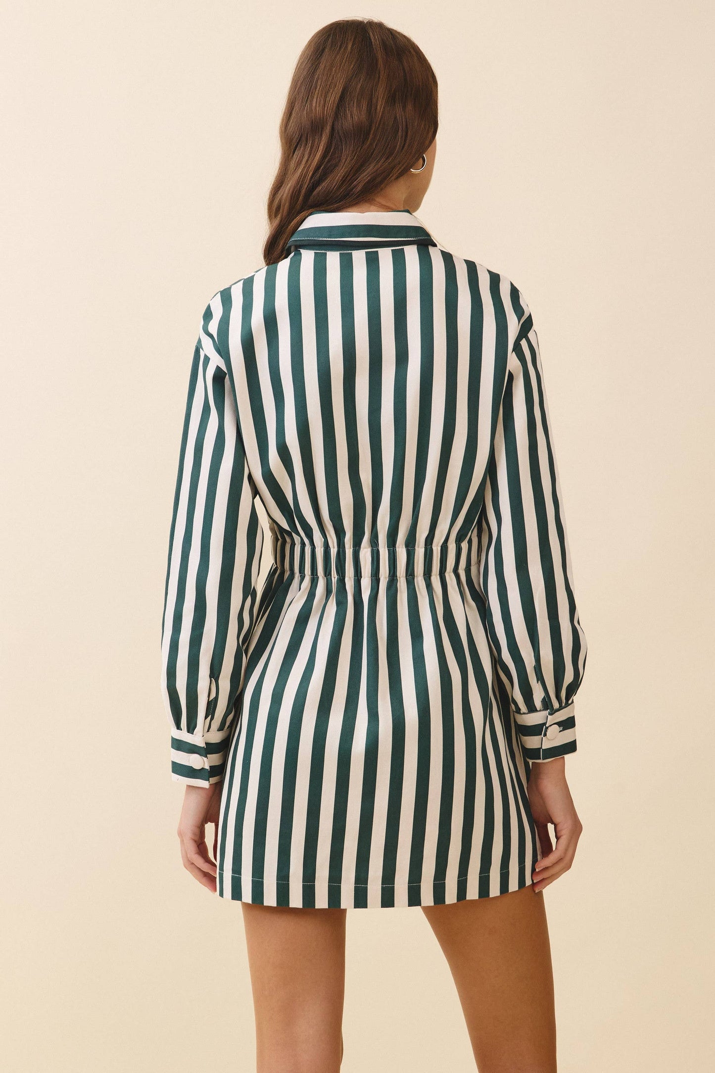 True Tailor Vertical Striped Elastic Waist Shirt Dress - Hunter Green